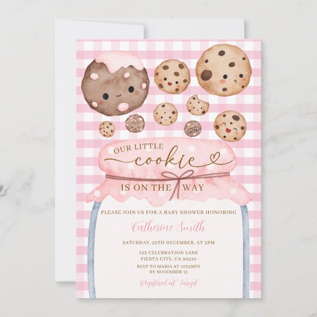 Our Little Cookie Baby Shower In Jar Pink Gingham Invitation (Front)