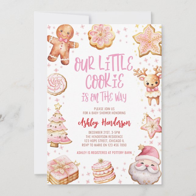 Our Little Cookie Pink Christmas Girl Baby Shower Invitation (Front)