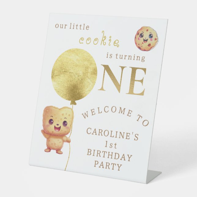Our Little Cookie Turning ONE Photo 1st Birthday Pedestal Sign (Front)