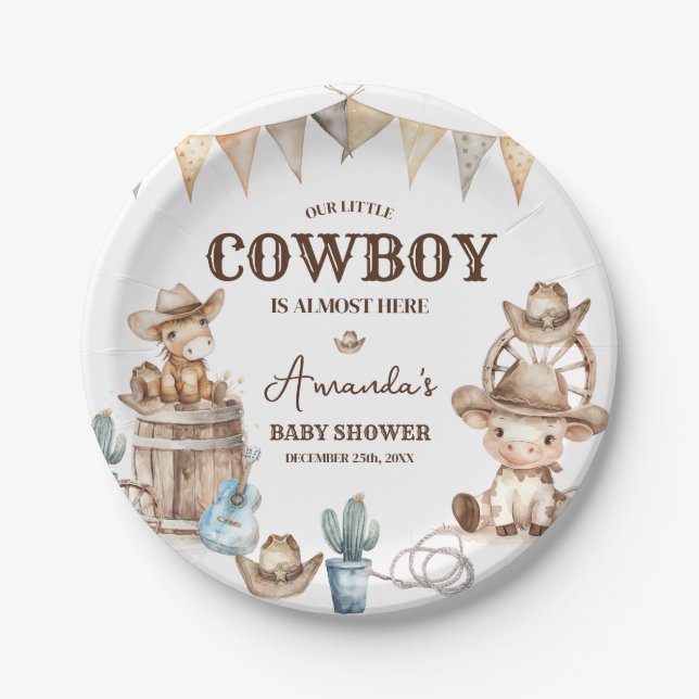 Our Little Cowboy Wild West Baby Shower Paper Plate (Front)