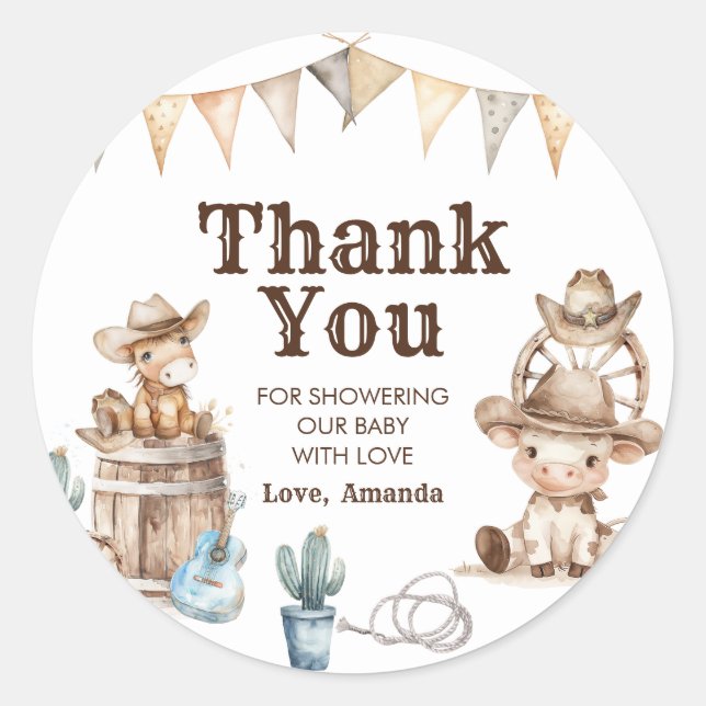Our Little Cowboy Wild West Baby Shower Thank You Classic Round Sticker (Front)