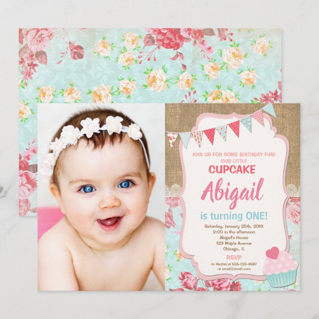 Our little Cupcake birthday girl 1st photo Invitation (Front/Back)