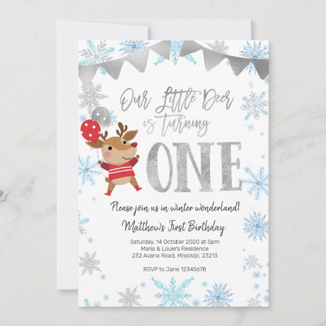 Our Little Deer is Turning One Winter Birthday Invitation (Front)