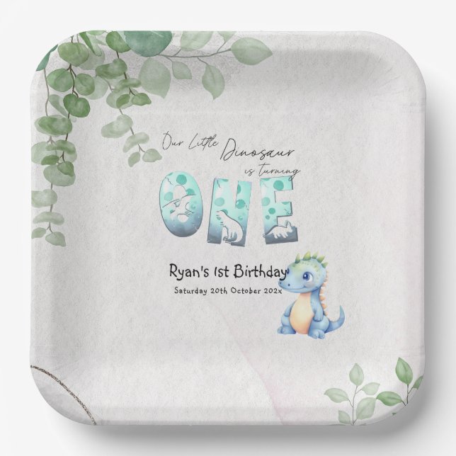 Our Little Dinosaur Is Turning One 1st Birthday Paper Plate (Front)