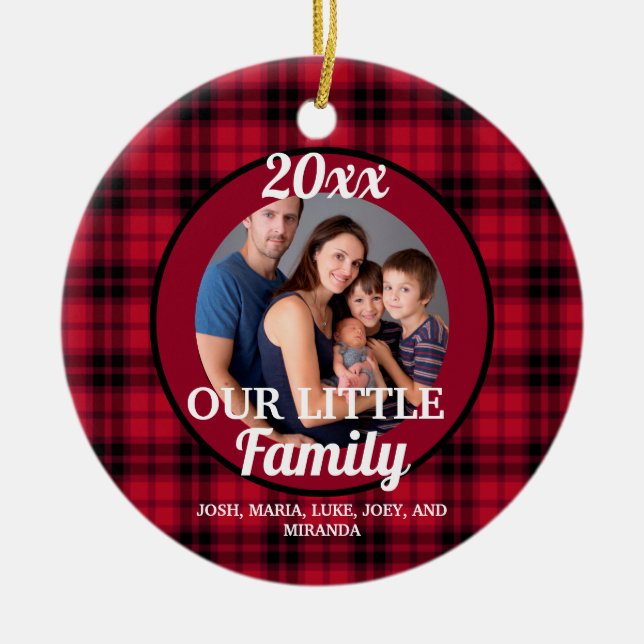 Our Little Family Photo Buffalo Plaid Christmas Ceramic Tree Decoration (Front)
