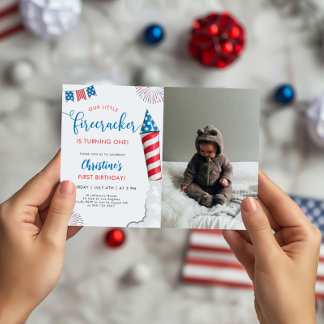 Our Little Firecracker 1st Birthday Photo Invitation