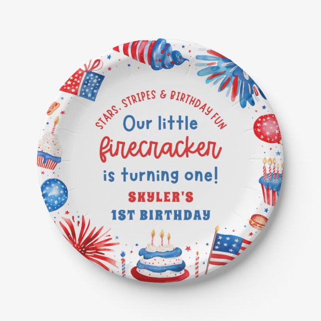 Our Little Firecracker 4th of July 1st Birthday Paper Plate (Front)