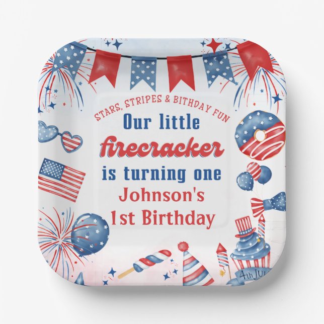 Our Little Firecracker 4th of July 1st Birthday Paper Plate (Front)