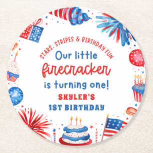 Our Little Firecracker 4th of July 1st Birthday Round Paper Coaster