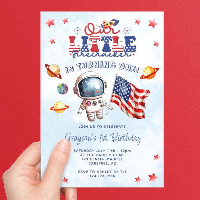 Our Little Firecracker Astronaut 1st Birthday Invitation (Creator Uploaded)