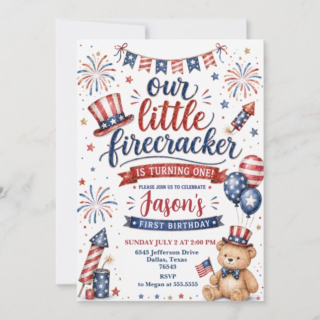Our Little Firecracker First Birthday Invitation (Front)