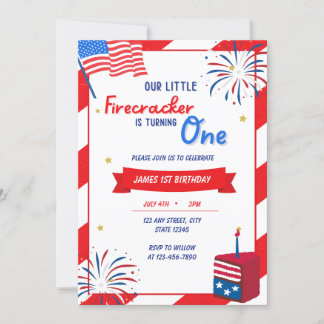 Our Little Firecracker is Turning One Birthday  Invitation