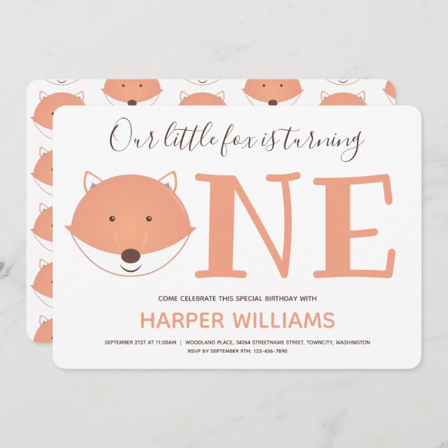 Our Little Fox is Turning One First Birthday Invitation (Front/Back)