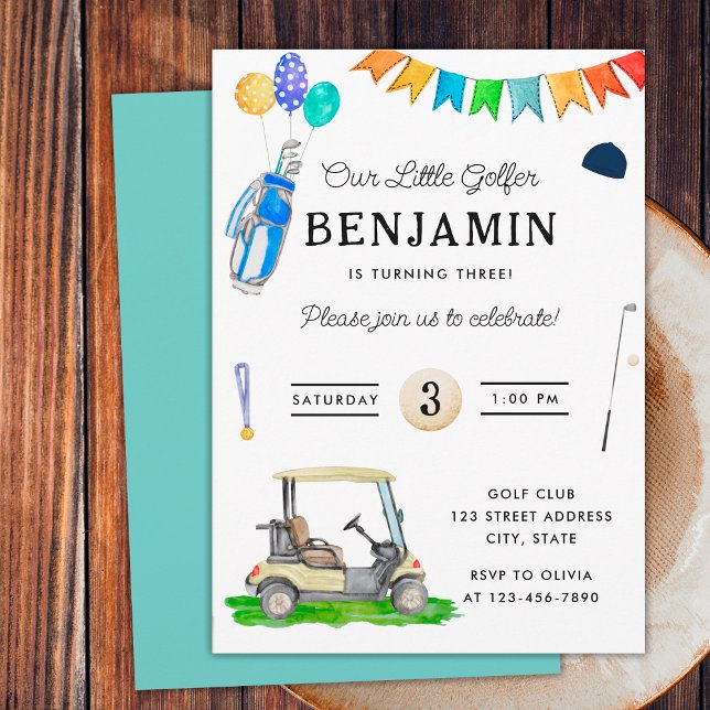 Our Little Golfer Blue Cart Hat Kids Golf Birthday Invitation (Front and Back)