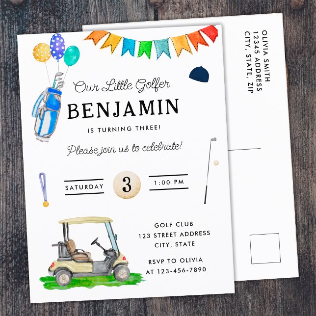 Our Little Golfer Blue Cart Hat Kids Golf Birthday Postcard (Front and Back)