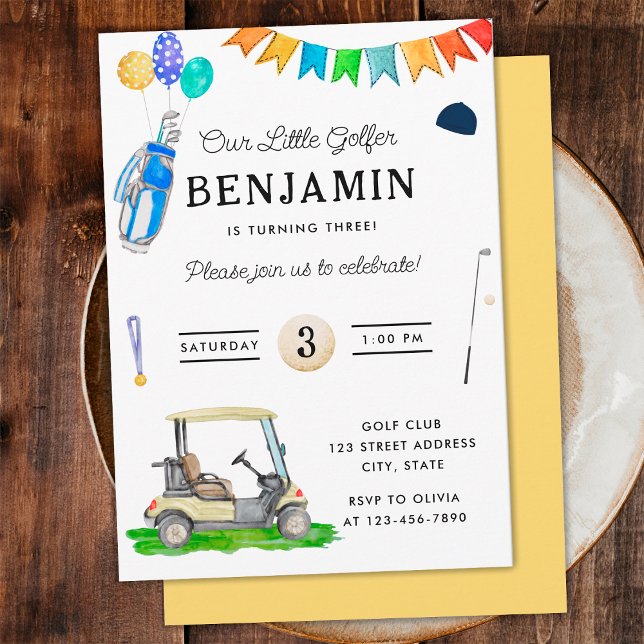 Our Little Golfer Yellow Cart Kids Golf Birthday Invitation (Front and Back)