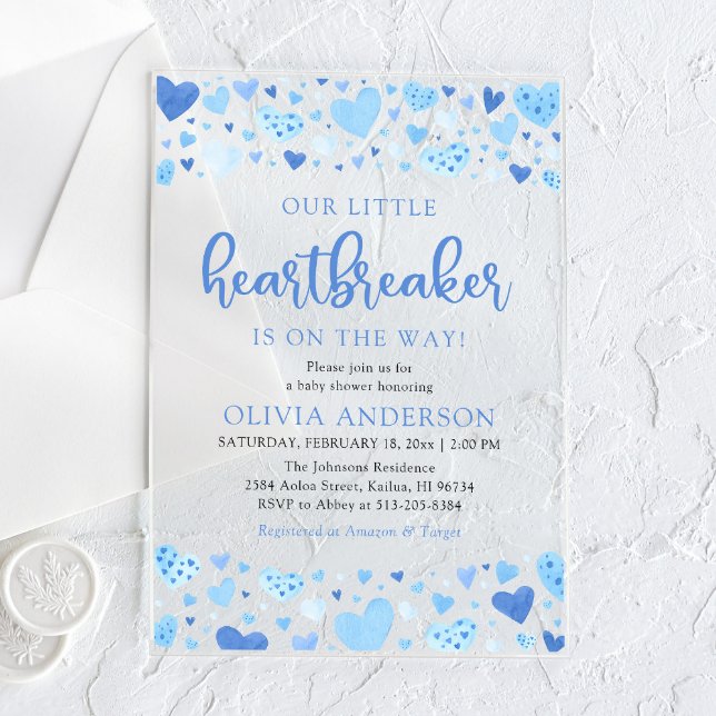 Our Little Heartbreaker Blue Valentine Baby Shower Acrylic Invitations (Watercolor Cute Blue Hearts A Little Heartbreaker Valentine Baby Boy Acrylic Baby Shower Invitation)