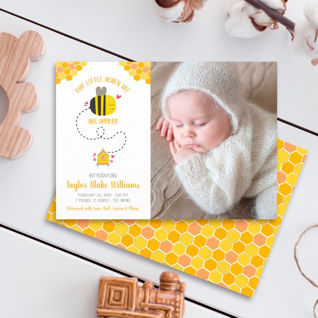 Our Little Honey Bee Cute Kawaii Baby Photo Birth Announcement (Creator Uploaded)