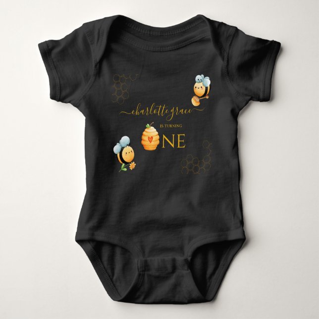 Our Little Honey is Turning One Bee Birthday Baby Bodysuit (Front)