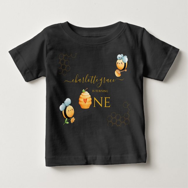 Our Little Honey is Turning One Bee Birthday Baby T-Shirt (Front)