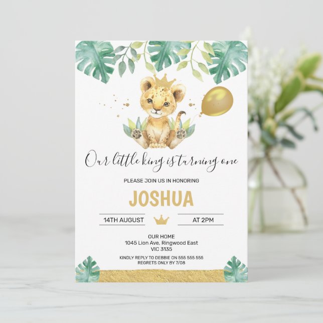 Our Little King Lion Crown Balloon 1st Birthday Invitation (Standing Front)