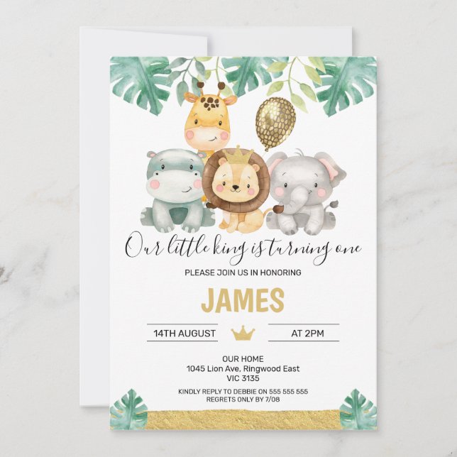 Our Little King Lion Crown Safari 1st Birthday Invitation (Front)