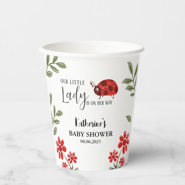 Our little lady is on her way girl baby shower  paper cups (Front)