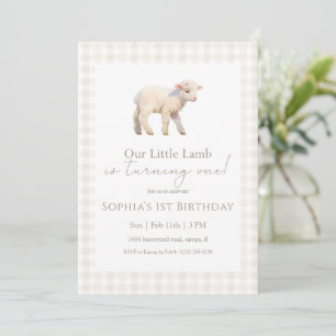 Our Little Lamb Birthday Neutral Gingham Invitation