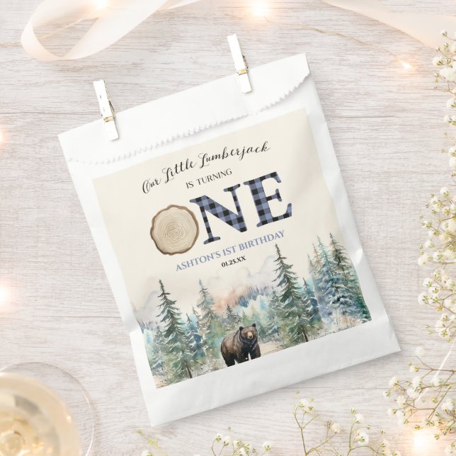 Our Little Lumberjack Bear Blue 1st Birthday Party Favour Bags (Clipped)