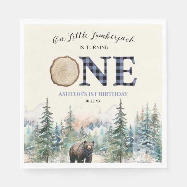 Our Little Lumberjack Bear Blue 1st Birthday Party Napkin (Front)
