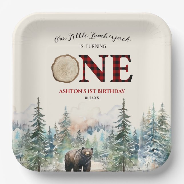 Our Little Lumberjack Bear Red 1st Birthday Party Paper Plate (Front)