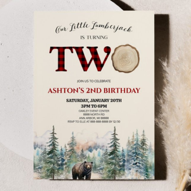 Our Little Lumberjack Bear Red 2nd Birthday Party Invitation (Creator Uploaded)
