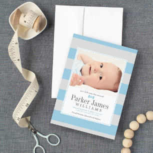 Our Little Man Blue Grey Handsome Baby Boy Birth Announcement