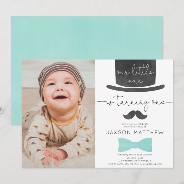 Our little man turquoise aqua 1st birthday photo invitation (Front/Back)
