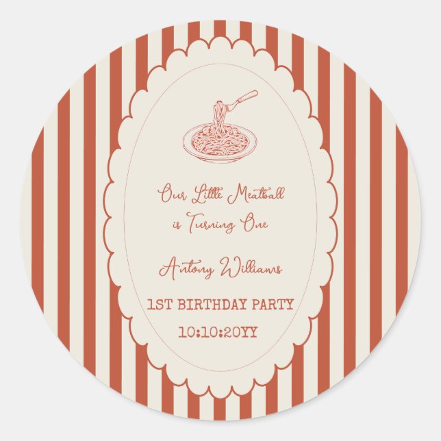Our little meatball is turning one 1st Birthday  Classic Round Sticker (Front)
