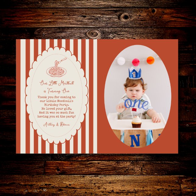 Our little meatball is turning one Birthday Photo  Thank You Card (Creator Uploaded)