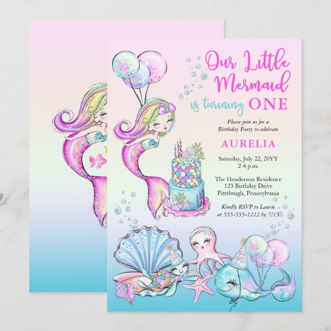Our Little Mermaid Girl 1st Birthday Party Invitation (Front/Back)