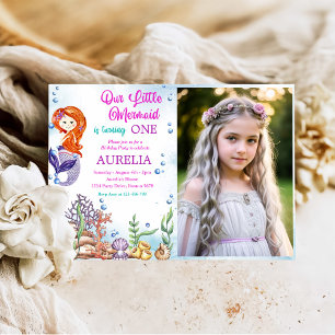 Our Little Mermaid Girl 1st Birthday Party Photo Invitation