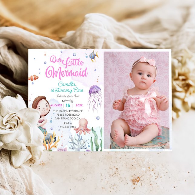 Our Little Mermaid Girl 1st Birthday Party Photo Invitation (Creator Uploaded)