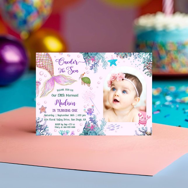 Our Little Mermaid ONEder The Sea 1st Birthday Invitation (Oneder the sea Mermaid Girl Birthday Party Invitation)