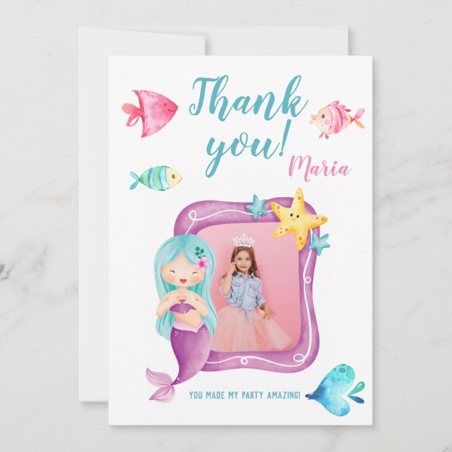 Our Little Mermaid Photo Birthday Thank you card (Front)