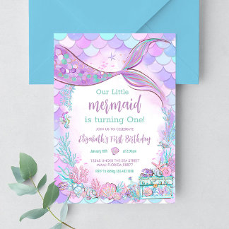 Our Little Mermaid Purple Teal Birthday Invitation
