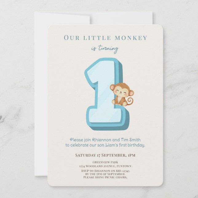 Our Little Monkey Blue 1st Birthday invitation (Front)