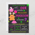 Our Little monster birthday invitation for girl<br><div class="desc">Our Monster birthday invitation for girl Little monster invitation Monster bash party invite. This cute pastel colours lil monster invitation featuring cute orange monster with a balloon, pink one eyed monster, small cake with one candle and some coloured blots around. Surprise your friends with this brightfull and colourful invitation! Simply...</div>
