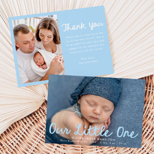 Our Little One Handwritten Blue Script Photo Birth Announcement