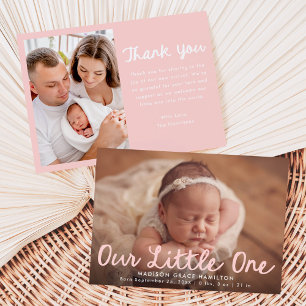 Our Little One Handwritten Pink Script Photo Birth Announcement