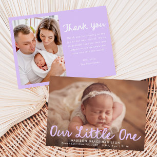 Our Little One Lavender Script Photo Birth Announcement