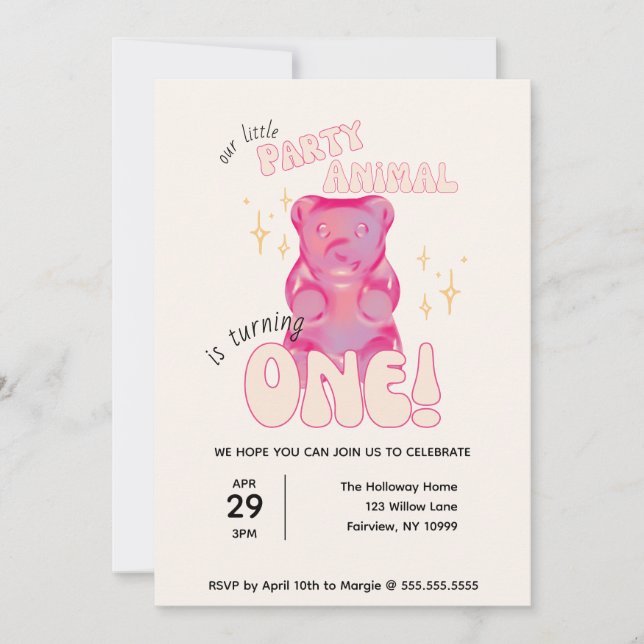 Our Little Party Animal Gummy Bear 1st Birthday Invitation (Front)