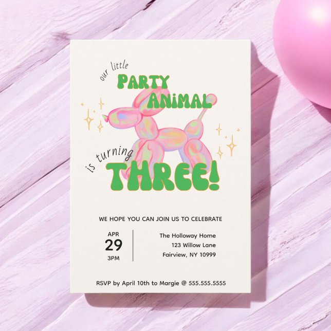 Our Little Party Balloon Animal 3rd Birthday Invitation (Creator Uploaded)