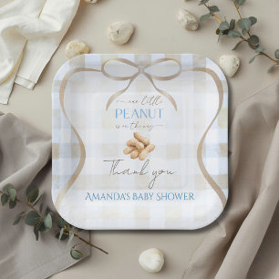 Our Little Peanut Boy Blue Gingham Baby Shower Paper Plate